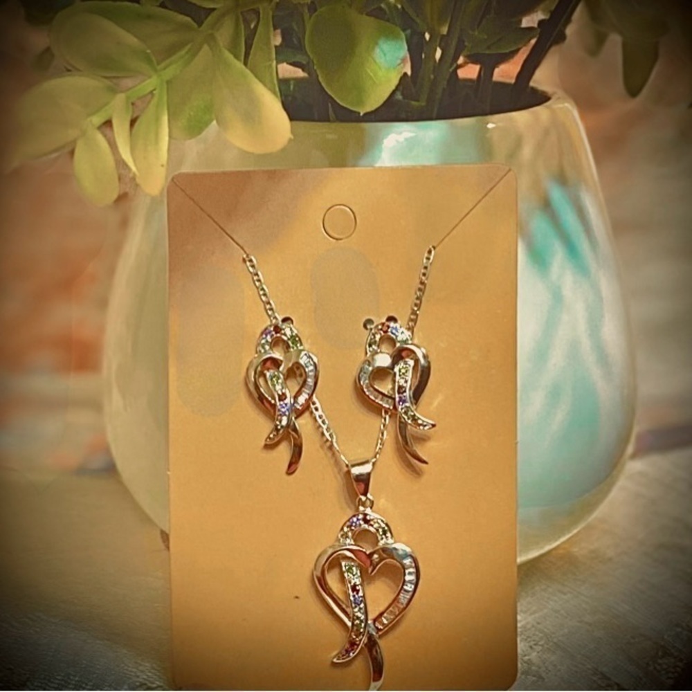 925 Italy Colored & Clear CZ Loop Open Heart Mariner Necklace & Earring Set Firm - Picture 11 of 15